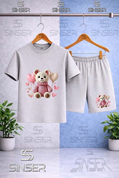 SS SİNSER Children's Bear with Pink Balloons Printed Crew Neck T-Shirt - Shor...