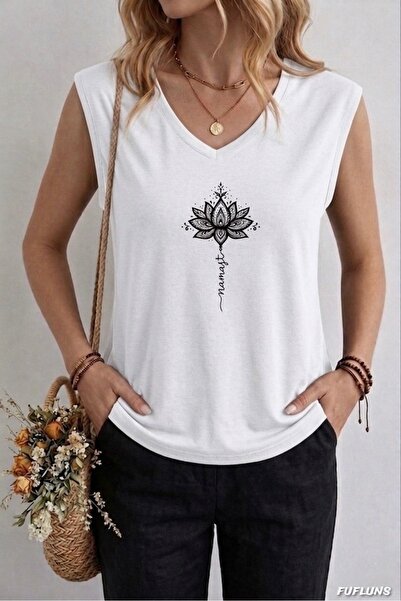 FUFLUNS Γυναικείο αμάνικο μπλουζάκι με στάμπα Ναμάστε Λωτός