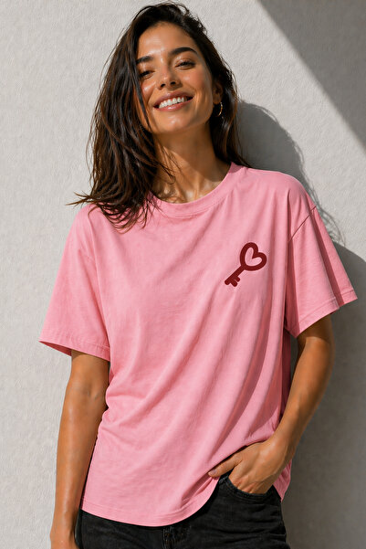 ArtYus Heart Key Minimal Printed Unisex Oversize T-Shirt – Cotton Crew Neck C...