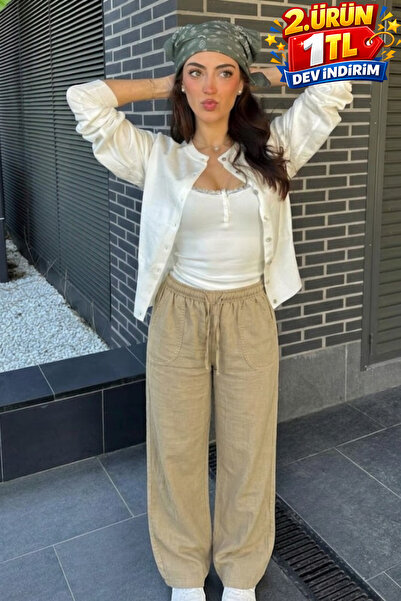 DAMGA JEANS Γυναικείο Casual Premium Χαλαρό Καλοκαιρινό Μπεζ Λινό Παντελόνι