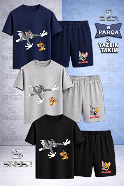 SS SİNSER Children's Cat Mouse Tm Jry Kovalamaca Printed Crew Neck 3-Piece T-...