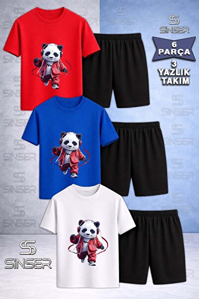 SS SİNSER Children's Panda Red Headphones Printed Crew Neck 3-Piece T-Shirt -...