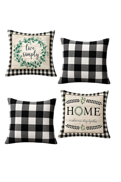 HOMESSA Set of 4 Black and White Plaid and Wreath Patterned Throw Pillow Cove...