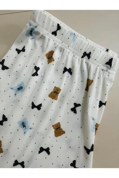 Manolya Women's Camisole Ecru Bow Teddy Bear Pattern Short Sleeve Shorts Summer Pajama Set