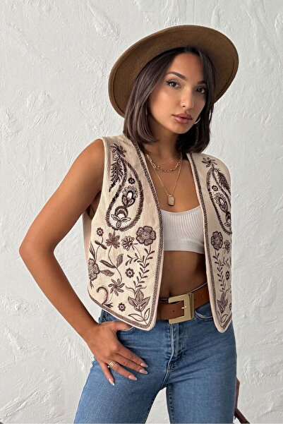 VERYMODA Κεντημένο γιλέκο από κοτλέ με φούντα - Πέτρινο |   VMF2010