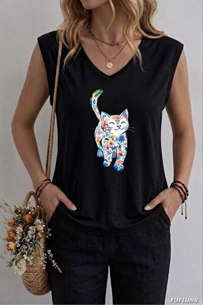 FUFLUNS ΓΥΝΑΙΚΕΙΟ ΑΜΑΝΙΚΟ ΜΠΛΟΥΖΑΚΙ OVERSIZE ΜΕ ΣΤΑΜΠΑ ΧΑΡΙΤΩΜΕΝΗ ΓΑΤΑ ΚΑΙ ΛΟ...