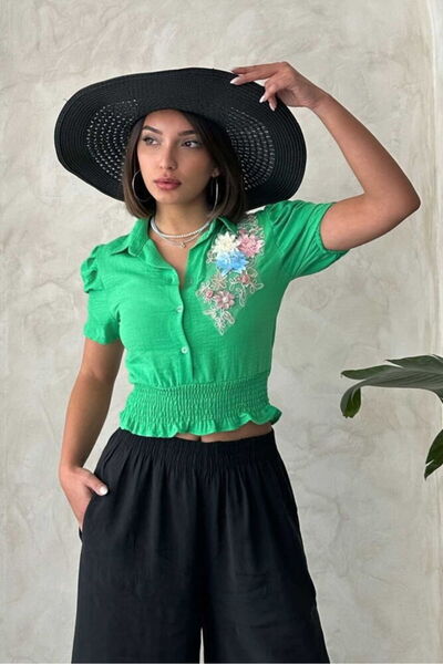 VERYMODA Λινό πουκάμισο με φλοράλ σχέδιο και σχέδιο φιστικόφουσκας |   VMD2651