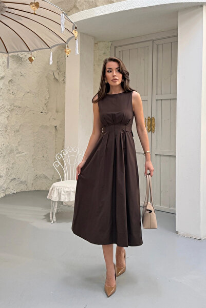 Lusin Γυναικείο καφέ φόρεμα με επένδυση, δεμένο στη μέση (στενή εφαρμογή στη ...