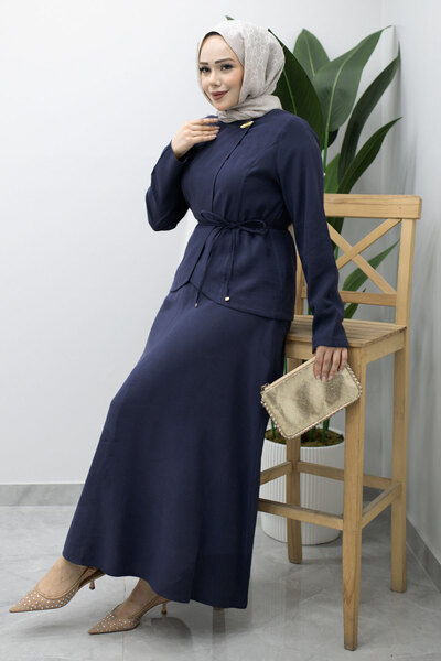 Tesettür Dünyası Σετ φούστας με κουμπιά και λεπτομέρεια ραφής TSD260201 Σκούρ...