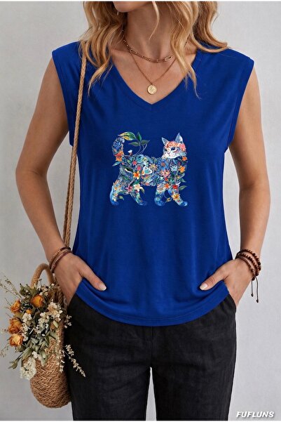 FUFLUNS ΓΥΝΑΙΚΕΙΟ OVERSIZE ΑΜΑΝΙΚΟ T-SHIRT ΜΕ ΣΤΑΜΠΑ ΓΑΤΑ ΑΠΟ ΛΟΥΛΟΥΔΙΑ