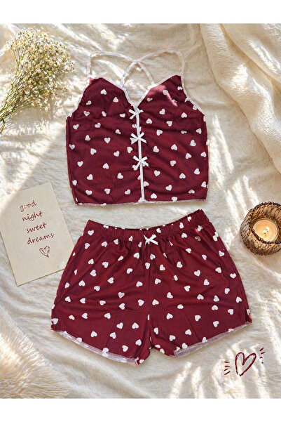 Bordo Kalp Desenli Askılı Şortlu Pijama Takımı Yazlık Rahat Ev Giyim