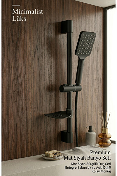 AFİLİYOL Minimalist Premium Mat Siyah Sürgülü Duş Seti - Modern Banyo Duş Baş...