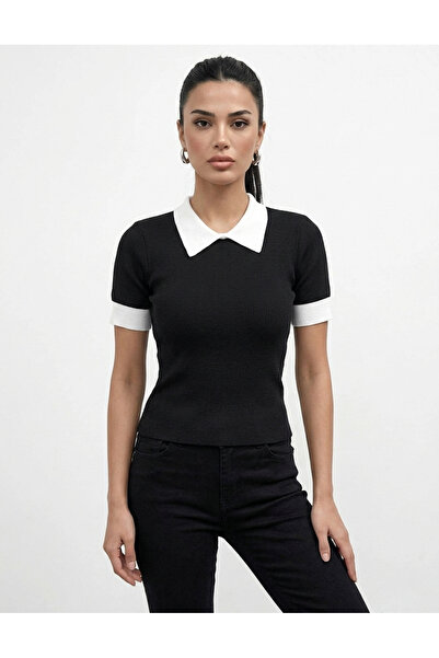 ZIFA Women's Black Short Sleeve Polo Collar Blouse Contrast Color Premium Series