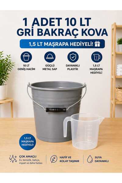 ZİVORA 10 LT Antrasit-Gri Bakraç Kova Metal Saplı Plastik Kova 1,5 LT Maşrapa...