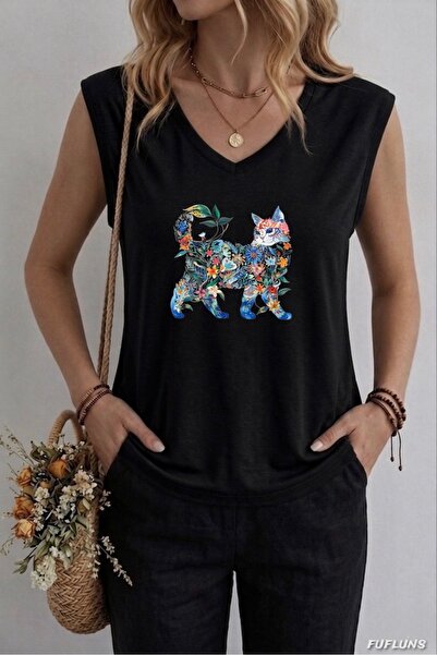 FUFLUNS ΓΥΝΑΙΚΕΙΟ OVERSIZE ΑΜΑΝΙΚΟ T-SHIRT ΜΕ ΣΤΑΜΠΑ ΓΑΤΑ ΑΠΟ ΛΟΥΛΟΥΔΙΑ