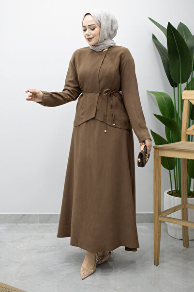 Tesettür Dünyası Σετ φούστας με κουμπιά και λεπτομέρεια ραφής TSD260201 Καφέ