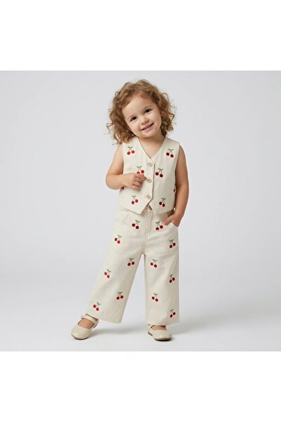 Mono Kids Kız Çocuk Keten Kiraz Nakışlı Yelek Pantolon Takım