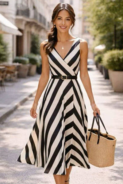 Modayakamoz Νέα σεζόν Γυναικείο φόρεμα μίντι με διπλό γιακά και ρίγες (χωρίς ...