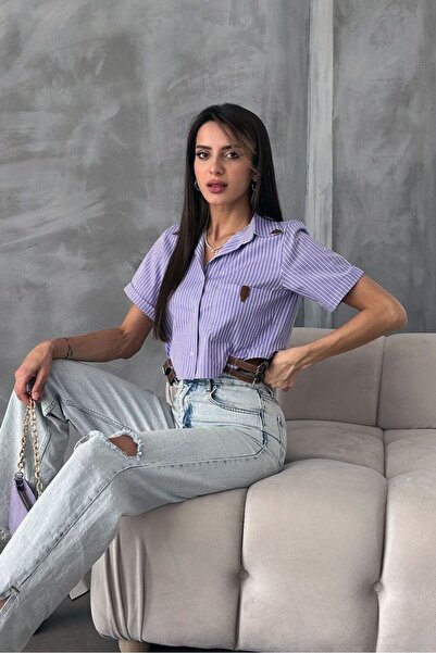 VERYMODA Cămașă cu dungi liliac și detaliu curea în dungi |   VMD2646