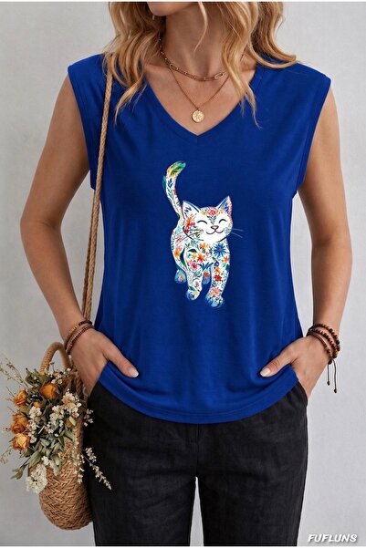 FUFLUNS ΓΥΝΑΙΚΕΙΟ ΑΜΑΝΙΚΟ ΜΠΛΟΥΖΑΚΙ OVERSIZE ΜΕ ΣΤΑΜΠΑ ΧΑΡΙΤΩΜΕΝΗ ΓΑΤΑ ΚΑΙ ΛΟ...