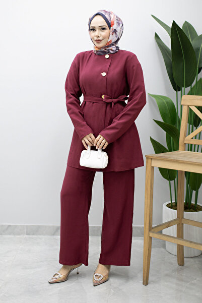 Tesettür Dünyası Διπλό κοστούμι με κουμπιά και ζώνη στη μέση TSD260200 Φούξια