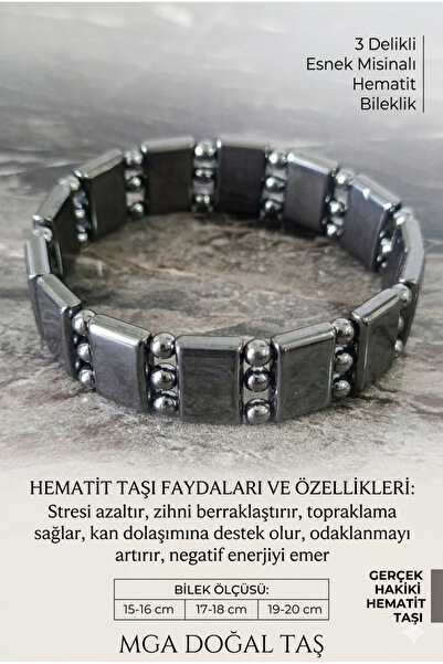 MGA DOĞAL TAŞ Hematit Bileklik - Hematit Taşı Bileklik - 3 Delikli Esnek Misi...