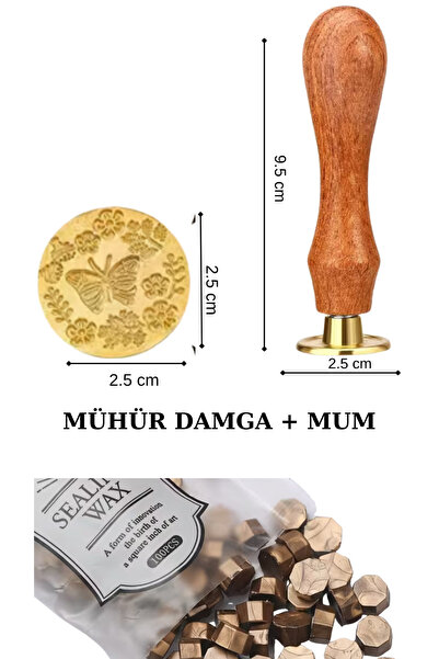 Vox Art Mühür Damga Seti (Ahşap Saplı, Pirinç) ve 100 Adet Boncuk Mühür Mumu ile