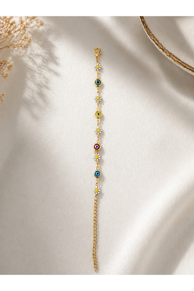 Lilith Takı Colorful Evil Eye Beaded & Floral Detailed Gold Bracelet – Stylis...