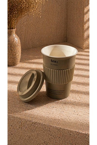 SUELF CO Khaki Porcelain Cup with Silicone Lid - 370Cc