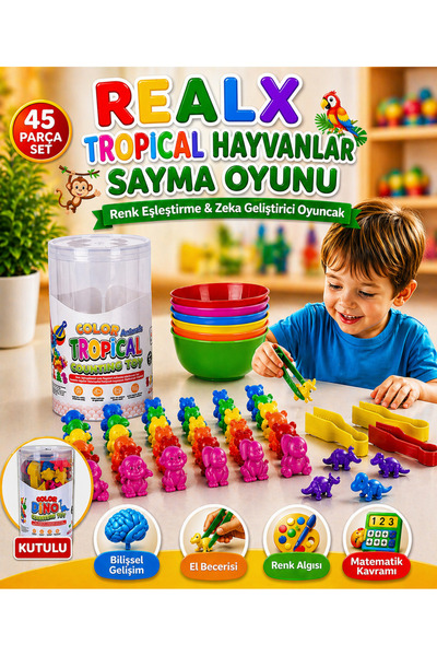 Realx Tropikal Hayvanları Ayır Ve Say 45 Parça Eğitici Hayvan Figür Oyuncak K...