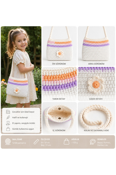 Yalçınoğlu Kids Geantă de umăr colorată tricotată manual pentru fete, 100% bu...