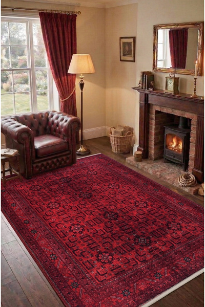 CarpetKA Home Kırmızı Etnik Desenli Yıkanabilir Halı