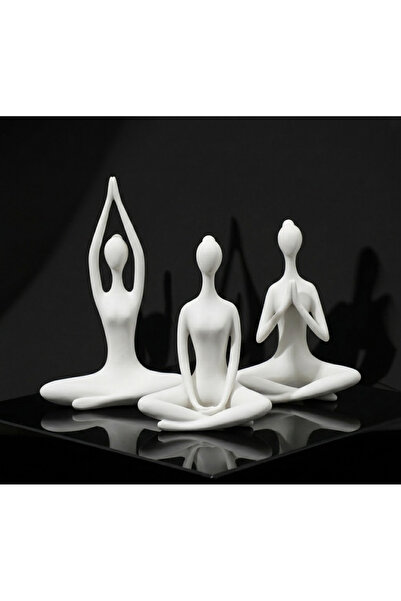 OKO DESİGN 3’lü Beyaz Yoga Figürü Dekoratif Biblo Seti – Modern Ev & Ofis Dekoru