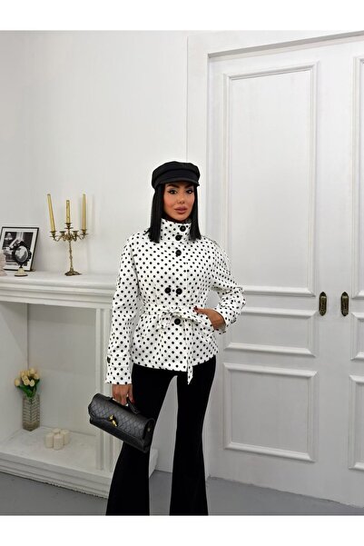 asyadabutik Γυναικεία καμπαρντίνα με όρθιο γιακά, πουά και ζώνη