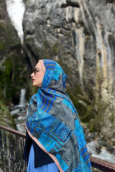Firuze scarf Mozaic Pattern Blue Soft Shawl