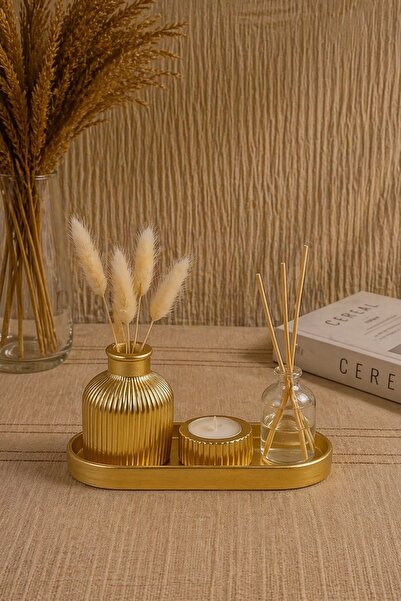 özgürce 4’lü Set: Gold Vazo, Mumluk, Mandalina Oda Kokusu, Oval Tepsi, Bambu,...