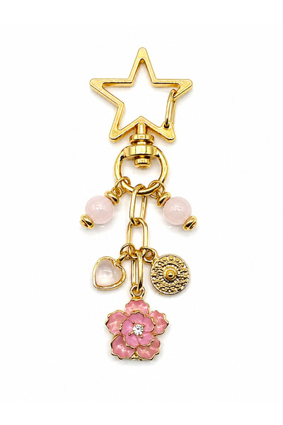 Agatella Tasarım Pink Quartz Stone Charm and Floral Pattern Keychain – Decora...
