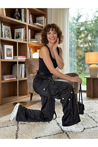 LOKADI Γυναικείο Μαύρο/Βιζόν Παντελόνι Κάργκο Σατέν με Ψηλή Μέση - Παντελόνι ...