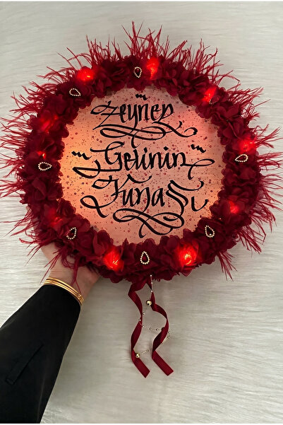 ZEYMERADE Bordo Ledli Gelin Tefi 32cm, Parlak Taşlı Tüylü Ve Üç Boyutlu Çiçek...