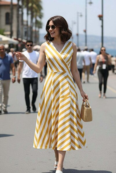 Mossta Φόρεμα κατάδυσης με ριγέ κοψίματα σε σχήμα V - Κίτρινο