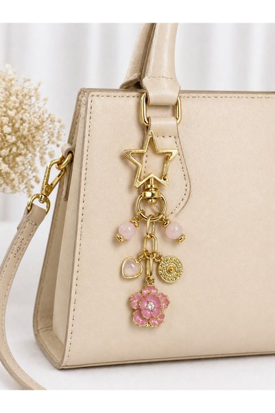 Agatella Tasarım Pink Quartz Stone Charm and Floral Pattern Keychain – Decorative Bag & Wallet Accessory Stylish Gift