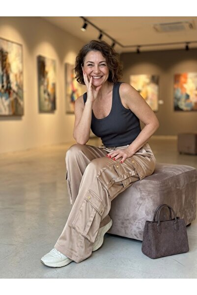 LOKADI Γυναικείο Μαύρο/Βιζόν Παντελόνι Κάργκο Σατέν με Ψηλή Μέση - Παντελόνι ...