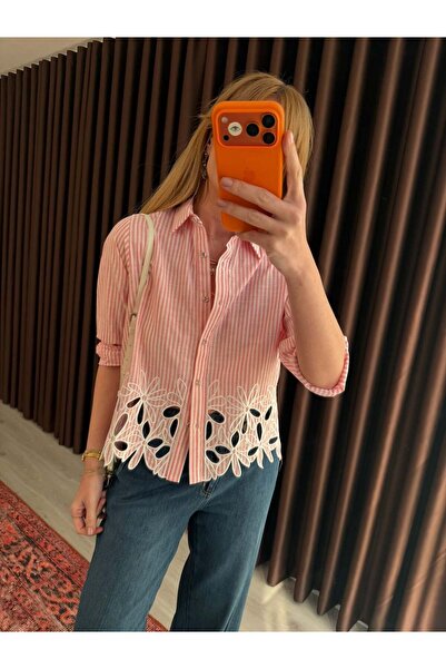 Lavanta Tekstil Πουκάμισο με λεπτομέρειες σε σχέδιο φύλλου και ρίγες