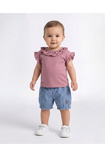 Egelite Baby Girl Set with Butterfly Embroidered Denim Shorts and T-Shirt for...
