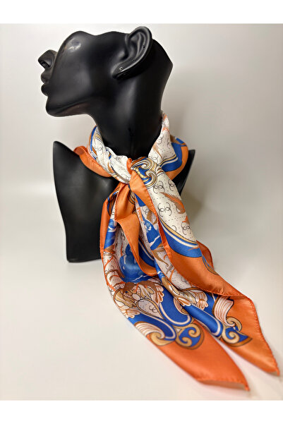 BHR AKSESUAR Πορτοκαλί μπλε τετράγωνο μαντήλι διπλής όψης με φλοράλ σχέδιο (7...