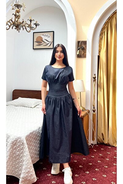 Nida Boutique Kısa Kol Bisiklet Yaka Belden Oturtmalı Denim Elbise