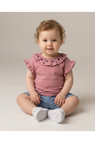 VOY KİDS Baby Girl Set with Butterfly Embroidered Denim Shorts and T-Shirt fo...