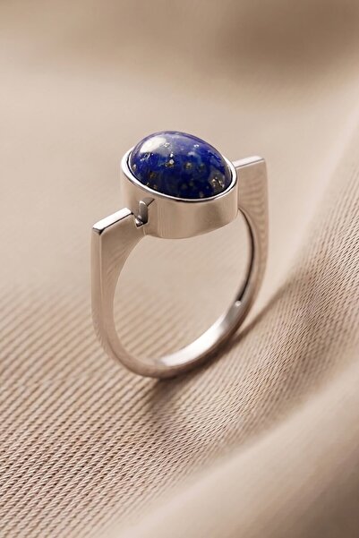 Takıdepo Geometrik Tasarım Lapis Lazuli Taşlı Kadın Gümüş Yüzük - Gümüş Rengi