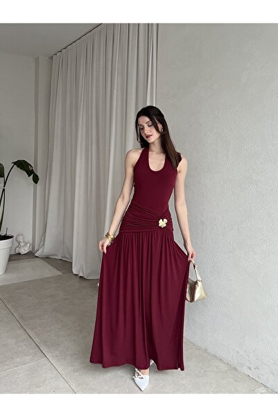 Klex Aksesuarlı Drapeli Uzun Abiye Elbise 6079