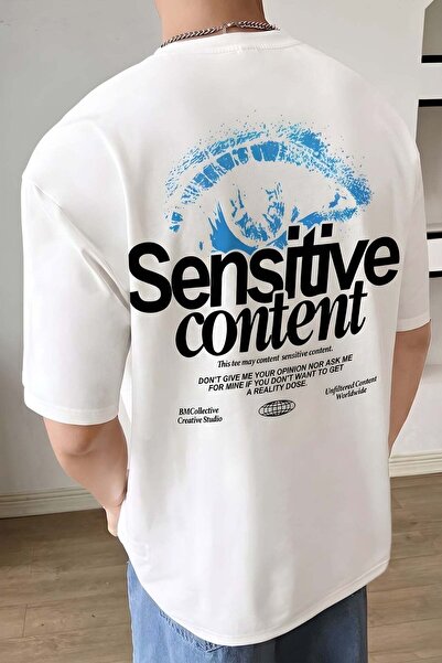 VACHT Men's Oversize Casual T-Shirt with Eye Print Sensitive Ecru White
